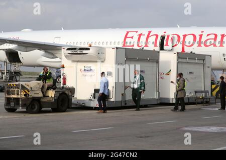 Addis Abeba, Äthiopien. Juni 2021. (210619) -- ADDIS ABEBA, 19. Juni 2021 (Xinhua) -- Bodenpersonal des Flughafens transportiert die von der Chinesischen Rotkreuzgesellschaft in Addis Abeba, Äthiopien, gestifteten COVID-19-Impfstoffe, 19. Juni 2021. Am Samstag traf hier eine Charge von Chinas Sinopharm COVID-19-Impfstoffen ein, die von der chinesischen Rotkreuzgesellschaft an ihr äthiopisches Pendant gespendet wurden. UM MIT "Roundup: Äthiopische Rotkreuzgesellschaft erhält Sinopharm-Impfstoffe von chinesischem Gegenstück" (Xinhua/Wang Ping) zu GEHEN Quelle: Xinhua/Alamy Live News Stockfoto