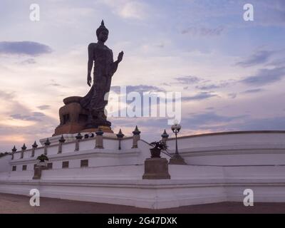 Grand Walking buddha Bronzestatue ist die Hauptstatue in Phutthamonthon (buddhistische Provinz) in Nakornpathom, Thailand, in der Dämmerung Stockfoto