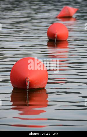 Vertikale Aufnahme von drei roten Bojen, die auf der Oberfläche eines Flusses schweben Stockfoto