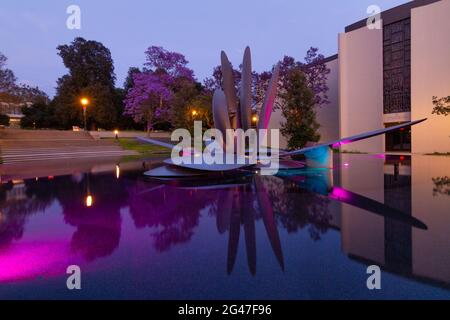 Springbrunnen auf dem Campus des L-Campus des L-Camps, beleuchtet in der Abenddämmerung, umgeben von blühenden Jacaranda-Bäumen Stockfoto