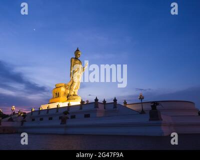 Grand Walking buddha Bronzestatue ist die Hauptstatue in Phutthamonthon (buddhistische Provinz) in Nakornpathom, Thailand, in der Dämmerung Stockfoto