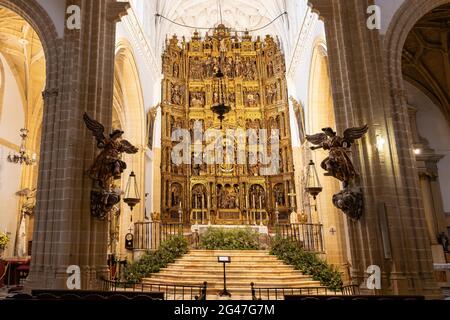 Medina-Sidonia, Cádáz, Spanien - 15. Juni 2021: Hauptaltar und Altarbild der Kirche Santa Maria in der Stadt Medina-Sidonia in der Provinz Stockfoto