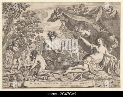 Der Jahrgang. Eine Landschaft mit einem Bacchant, der Wein zusammen mit einer großen Gruppe von Putti erntet. Venus liegt im Vordergrund. Unter einer Banderole mit Text. Stockfoto