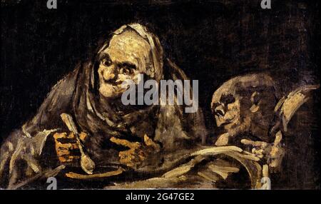 Zwei alte Männer essen Suppe (Viejos Comiendo Sopa), eines der schwarzen Gemälde von Francisco José de Goya y Lucientes (1746-1828), Mischtechnik auf Leinwand übertragen, c. 1819-23 Stockfoto