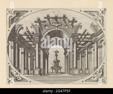 Verfallene Veranda mit Brunnen unten; Variae architecturae formae (...); Architekturperspektiven in ovalen Bilderrahmen für Intarsia. Wir haben die verfallene Veranda von unten gesehen. Unter der zentralen Öffnung im Gewölbe ein Brunnen mit einem Adler ausgezeichnet. Links auf den Balken ist eine Eule. In den Ecken Rollen. Der Druck ist Teil eines Albums. Stockfoto