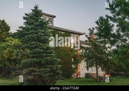 Altes gemauertes Bauernhaus mit Weinreben und einer Kuppel auf dem Dach. Stockfoto