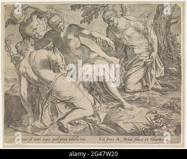 Merkur und die Graties. Merkur steht hinter den drei Genüsse in einer Landschaft. Die drei Gnaden sind an ihren Attributen erkennbar: Eine Würfel, eine Rose und eine Astmyrte. Stockfoto