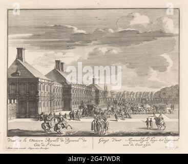 Ansicht des Hauses ter Nieuburch in Rijswijk, 1697; SUSECT VANT 'KONINNCHY HUYS to Ryswyck on the Eastern Zyde / Vue de la Maison Royal de Rijswick du Côté de l'Orient; Serie von fünfzehn Drucken über das Haus Ter Nieuburch in Rijswijk und die Friedensverhandlungen, 1697; Le Château Roial De Ryswick Appelle De Neubourg AVEC Les differens Apartenens Ou SE Tiennent Les Conference De La Paix Generale / das Schloss Koninglyke nach Ryswyck, nennt Nieuwburg, mit allen Selfs-Zimmern und Höflichkeiten, in BYSonder, seit der Konferenz der allgemeinen Liebsten statt, & c .. Ansicht des Hauses ter Nieubch in Rij Stockfoto