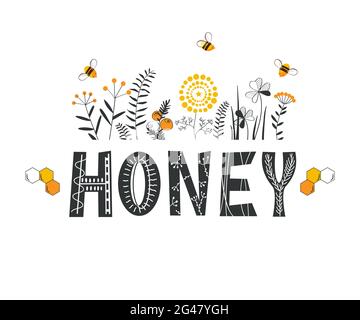 Honigschriftzug umgeben von Bienen und Kritzelblumen. Vektor stilisierte Hintergrund auf einem weißen Hintergrund, Honig-Logo Stock Vektor