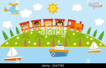 Kinder fahren im Zug. Naturhintergrund mit Sonne, Booten, Flugzeug, Hubschrauber und Bäumen. Kindliche Illustration. Stockfoto
