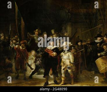 Rembrandt Harmenszoon Van Rijn - Milizengesellschaft des II. Bezirks unter dem Kommando von Kapitän Frans Banninck Cocq, bekannt als Nachtwache Stockfoto