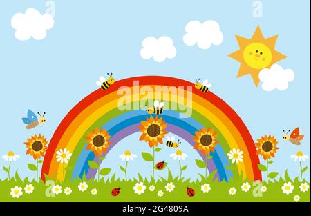Kindliche Illustration eines Regenbogens, Sonne, Bienen, Schmetterlinge, Marienkäfer, Sonnenblumen und Gänseblümchen. Stockfoto