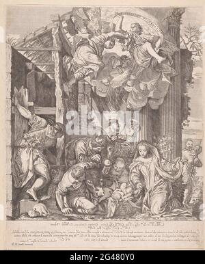 Anbetung durch die Hirten. Unter dem Dach eines alten Holzstalls kniet Maria und zeigt das Christuskind in der Krippe einer Gruppe von Hirten. Mit dem OS und dem Esel. In der Luft Engel, von denen eine Banderole mit dem Text: Gloria in Excelsis D [EO] in den Händen hält. Stockfoto