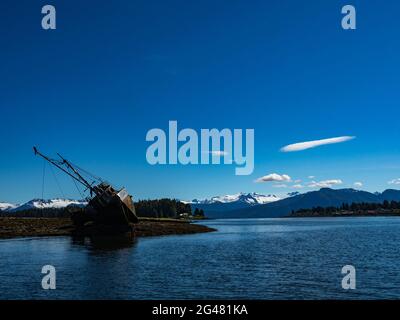 Die Robert G. Johnson, ein Troller-Fischerboot auf Grund eines Weißkopfseeadlers, Haliaeetus leucocephalus, in Petersburg, Alaska, USA Stockfoto