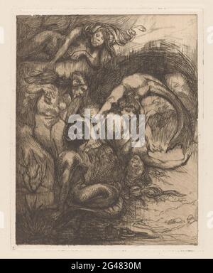 Fünf Meerjungfrauen; Seeungeheuer. Eine Gruppe von fünf Meerjungfrauen steht unter Wasser. Links im Vordergrund zwei Wasserpflanzen. Stockfoto