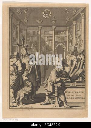 Bibliothek mit christlichen Autoren; Titelseite für: L.E. Dupin, Nouvelle Bibliotheque des Authors Ecclesiastiques. Innenansicht einer Bibliothek mit Bischöfen, Kardinälen und anderen christlichen Autoren, rechts für einen Kardinal hinter einem Schreibtisch und links der Evangelist Marcus. An den Wänden hängen Bücherregale mit Zeichen christlicher Autoren. Stockfoto