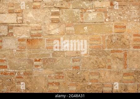 Die Backsteinmauer des alten Gebäudes im Hintergrund. Eine Wand aus Muschel. Sandsteinbausteine. Raue Textur einer Ziegelwand aus Sand und Stockfoto