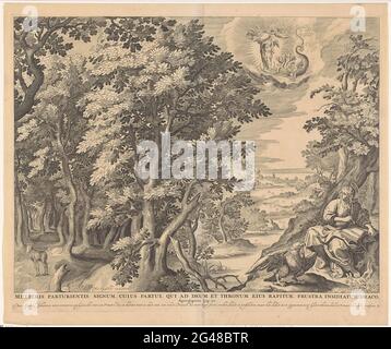 Johannes auf der Insel Patmos; Mulieris Parturientis Signum, Cuius Parti, Qui Ad Deum et Thronum eius Rapitur, Frustra Insidiatature Draco; geräumige bibel. Johannes de Evangelist schreibt über Patmos seine Offenbarungen in einem Buch, der Adler sitzt neben ihm und hält den Tintenfass im Mund. In den Himmel eine der Visionen des Johannes: Die Schwangere, die auf dem Halbmondsee steht, wird von einem siebenköpfigen Drachen bedroht, aber das Kind, das sie geboren hat, wird von Engeln weggenommen. Links ein Wald. Unter der Show der Titel in Latein, ein Text in Niederländisch und ein Verweis auf den Bibeltext. 12. Stockfoto