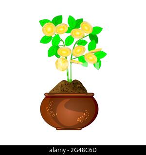 Geldbaum isoliert auf weißem Hintergrund. Geschäfts- und Finanzsymbol. Sparkonzept eines Geldbaums mit wachsenden Goldmünzen. Vektorgrafik für Aktien Stock Vektor