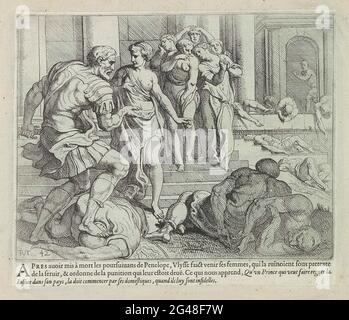 Bestrafung der Penelope-Mitarbeiter; Les Travaux d'Ulysse; Odysseus arbeitet. Odysseus, der den Freecrus aus Penelope tötete, gibt seinem Futterhäuschen Eurykleia den Auftrag, alle untreuen Mitarbeiter von Penelope zusammenzubringen. Der Druck ist Teil eines Albums. Stockfoto