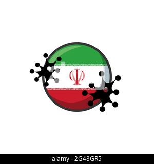 Iran vom Coronavirus getroffen. Auswirkungen von Covid-19 landesweit. Virusangriff auf Iran Flagge Konzeptdarstellung auf weißem Hintergrund Stockfoto