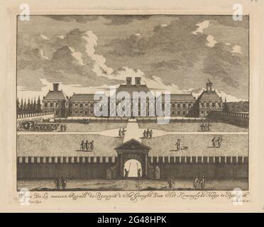 Ansicht des Hauses ter Nieuburch in Rijswijk, 1697; das Gesicht der Koninglyke Huys in Rijswijck / Vue de la Maison Roidale de Ryswijk; Serie von fünfzehn Drucken über das Haus Ter Nieuburch in Rijswijk und die Friedensverhandlungen, 1697; Le Château Roial De Ryswick Appelle De Neubourg AVEC Les differens Apartenens Ou SE Tiennent Les Conference De La Paix Generale / das Schloss Koninglyke nach Ryswyck, nennt Nieuwburg, mit allen Selfs-Zimmern und Höflichkeiten, in BYSonder, seit der Konferenz der allgemeinen Liebsten statt, & c .. Ansicht des Hauses ter Nieubch in Rijswijk. In der Bildunterschrift die beiden Stockfoto