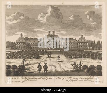 Ansicht des Hauses ter Nieuburch in Rijswijk, 1697; die Strindung von T Konincklijcke Huijs in Rijswijck von hinten / La vue de la Maison Royale de Rijswik PAR Derriere; Serie von fünfzehn Drucken über das Haus Ter Nieuburch in Rijswijk und die Friedensverhandlungen, 1697; Le Château Roial De Ryswick Appelle De Neubourg AVEC Les differens Apartenens Ou SE Tiennent Les Conference De La Paix Generale / das Schloss Koninglyke nach Ryswyck, nennt Nieuwburg, mit allen Selfs-Zimmern und Höflichkeiten, in BYSonder, seit der Konferenz der allgemeinen Liebsten statt, & c .. Ansicht des Hauses ter Nieubch in Rijsw Stockfoto