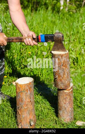 Holzfäller. Ein Mann, der Holz mit einer alten Metallaxt hackt, Beil mit einem Holzgriff in der Natur. Baumstümpfe von Kiefern auf grünem Gras. Das ländliche Leben, ein Hous Stockfoto