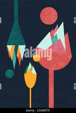 Auf dem Kopf stehende geometrische und bunte Landschaft auf Plattform auf dunklem Hintergrund. Flaches Design und skandinavische Kunstwerke. Acrylmalerei wie digitale Kunst Stockfoto
