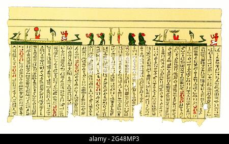 Die Bildunterschrift auf diesem Bild von 1804 lautet: „Manuskript über Papyrus in Hieroglyphen“. Die beiden am häufigsten verwendeten Pigmente auf Papyri sind schwarz und rot. Die schwarze Tinte, die Sie am häufigsten sehen, wird zum Schreiben der Buchstaben der Hieroglyphen oder des hieratischen Textes verwendet und ist fast immer eine kohlenstoffschwarze Tinte. Das Rot wurde oft für Rubriken wie Titel und Überschriften verwendet, um sie vom Rest des Textes zu unterscheiden. Stockfoto