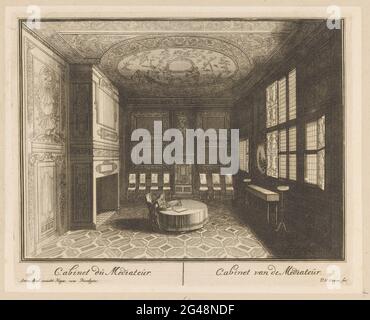 Kabinett des Mediators im Haus Ter Nieuburch in Rijswijk, 1697; Kabinett des Mediators / Cabinet du Mediator; Serie von fünfzehn Drucken über das Haus Ter Nieuburch in Rijswijk und die Friedensverhandlungen, 1697; Le Château Roial De Ryswick Appelle De Neubourg AVEC Les differens Apartenens Ou SE Tiennent Les Conference De La Paix Generale / das Schloss Koninglyke nach Ryswyck, nennt Nieuwburg, mit allen Selfs-Zimmern und Höflichkeiten, in BYSonder, seit der Konferenz der allgemeinen Liebsten statt, & c .. Das Zwischenkabinett im Haus ter Nieuburch in Rijswijk. In der Bildunterschrift die beiden Stockfoto