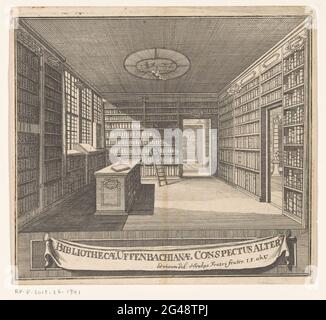 Bibliothek von Zacharias Conrad von Uffenbach; Titelseite für: Bibliotheca Uffenbachiana Universalis, 1729-1731; Bibliothecae Uffenbachianae Conspectus Alter. Interieur der Bibliothek von Zacharias Conrad von Uffenbach in Frankfurt am Main. Die Bibliothek besteht aus verschiedenen Räumen. Es gibt einen Schrank mit Karten im vorderen Raum. Unvollständige im Schrank sind unzähbare. An der Decke hängt ein Putto. Stockfoto