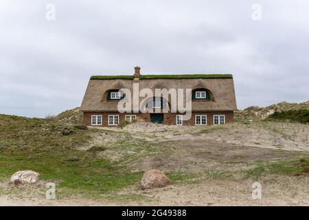 Traditionelles dänisches Haus mit Reetdach in einer Küstensanddünenlandschaft Stockfoto