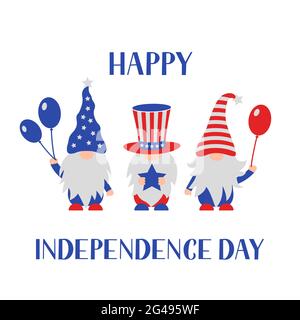 Amerikanische patriotische Gnome. USA Unabhängigkeitstag Grußkarte. Lustige Charaktere vom 4. Juli. Vektorgrafik Stock Vektor