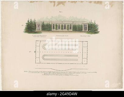 Gebäude zur Feier des zweihundertjährigen Bestehens der Hochschule für angewandte Wissenschaften Utrecht (außen), Juni 1836; Flachland des Gebäudes durch S.H. Studenten der Utrecht Hoogeschool, zur Feier des 200. Jahrestages der Akademie im Juni 1836 (...). Das Gebäude wurde auf der Vredenburg von den Studenten bei der Feier des 200. Jahrestages der Fachhochschule Utrecht im Juni 1836 gegründet. Platte 1, oben in der Ansicht, unten auf der Karte. Siehe auch die Handstation. Stockfoto