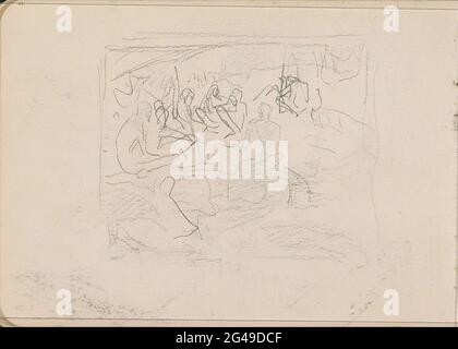 Indianer sitzen unter einem Sonnenschirm. Die Figuren sind auf Dressing, vermutlich am Ufer des Ganges. Seite 22 aus einem Skizzenbuch mit 23 Blättern. Stockfoto