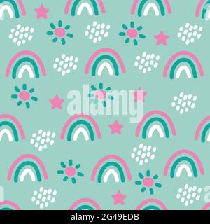 Nahtloses Boho-Muster mit Regenbogen, Sternen, Regen und Sonne für Textilien und Stoffe. Skandinavischer Druck. Sommer Tapete, Hintergrund Stock Vektor