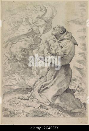 Der Heilige Franz von Assisi. Maria erscheint vom heiligen Franz von Assisi und schenkt ihm das Christuskind. Franziskus kniet mit dem Kind in seinen Armen. Stockfoto