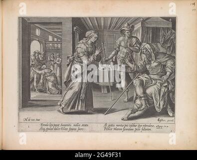 Elisa besucht die Frau aus Sunem; die Geschichte von Elisa und die Frau aus Sunem; Theatrum Biblicum Hoc Est Historiae Sacrae Veteris et Novi Testamenti Tabulis Aeneis Expressae. Der Prophet Elisa ist zu Gast bei einem Paar in Sunem. Die Frau hat für Elisa und seine Dienerin Chatic einen Abgang extra dekoriert. Als Belohnung für ihre Gastfreundschaft verspricht er ihr im Vordergrund, dass sie und ihr alter Mann in einem Jahr einen Sohn bekommen werden. Gechasi steht zwischen der Frau und Elisa. Unter der Show ein Hinweis in Latein auf den Bibeltext von 2. 4: 8. Dieser Druck ist Teil eines Albums. Stockfoto