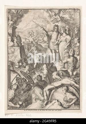 Stadholder Willem III. Und Maria Stuart inmitten mythischer Figuren. Stadholder Willem III. Und seine Frau Maria Stuart stehen Hand in Hand inmitten mythischer Figuren wie Prometheus (im Vordergrund verkettet), der Neid (mit Schlangenhaar), Ceres (mit Füllhorn), Bacchus (mit Weinreben) und Merkur (mit Caduceus). Links am Boden der Soldaten bei einer Waffe. Rechts über H. d. PAG. 128. Stockfoto