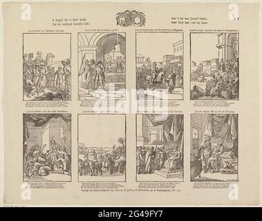 Ô Jugend! Siehe in Deez 'Prent / dass die Unschuld manchmal leidet, / wie' t Lot van Jozef zeigt, / aber Gott rettet und zahlt sich aus. Blatt mit 8 Aufführungen der Geschichte von Jozef. In der Mitte des Siegels der Gesellschaft für die Nützlichkeit des Allgemeinen. Oven jedes Bild einen Titel, unter jedem Bild einen vierzeiligen Vers. Rechts oben nummeriert: BB. Stockfoto