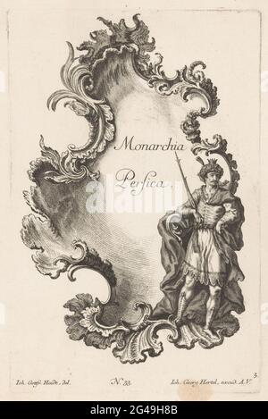 Persisches Reich; Monarchia Persica; Monarchien. Personifizierung des Persischen Reiches in einer Rocaille-Kartusche. Rechts ist ein orientalisch aussehender Mann mit Krone und Turban, er hält ein Zepter in seiner rechten Hand. Herausgebernummer 33. Stockfoto