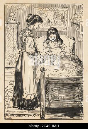 Mädchen mit Kaninchen auf dem Bett. In einem Schlafzimmer steht ein Mädchen aufrecht im Bett. Sie streckt ihre Hände zu einem Kaninchen, das auf den Decken sitzt. Neben dem Bett ist eine Frau mit einer Schürze für ihr Kleid. Stockfoto