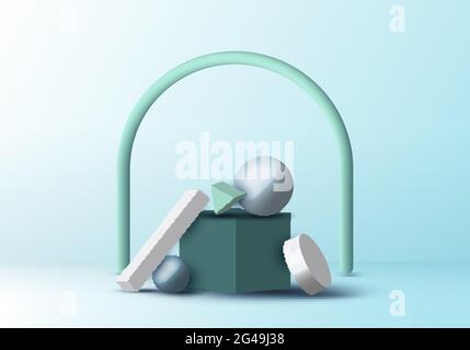 Set von 3D realistische geometrische Gruppe auf blauem Raum Hintergrund. Vektorgrafik Stock Vektor