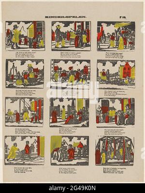 Ein Kinderspiel. Blatt mit 12 Aufführungen von Kinderspielen und Aktivitäten wie Seilspringen und Reifen. Unter jedem Bild ein vierzeiliger Vers. Rechts oben nummeriert: Nr. 108. Stockfoto