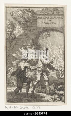 Gespräch zwischen Arthur Elphinstone und William Kett; Den Lord Balmerino und Willem Ket. Lord van Balmerino Arhur Elphinstone will William Kett eine Hand geben, zieht aber seine Hand zurück. Eine brennende Stadt im Hintergrund. An der Spitze angegeben: Oktober / 1746. Stockfoto