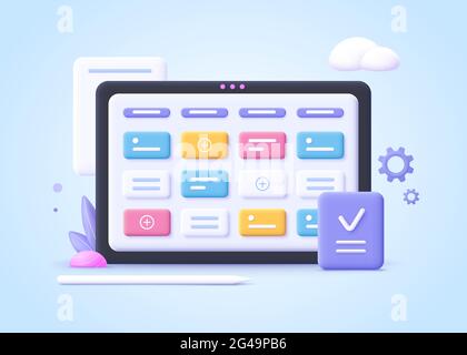 Konzept des Kanban-Boards, agiles Projektmanagement-Konzept, Arbeitszeitorganisation, Zeitplanung und Workflow-Management.3d realistischer Vektor illustrr Stock Vektor