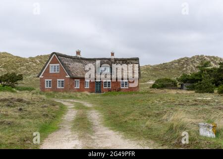 Traditionelles dänisches Haus mit Reetdach in einer Küstensanddünenlandschaft Stockfoto