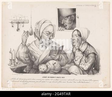 Congierge liest ein Buch; Lisant un novel à Haute Voix; Karikaturen; Croquis d'expressions. Eine Concierge mit einer Katze auf dem Schoß liest ein Buch für eine andere Frau. Durch einen Schuss, der Kopf eines Mannes, der nach seinem Schlüssel fragt. Weil die Concierge so laut liest, hört sie seine Frage nicht. Stockfoto