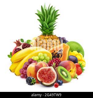 Mischung aus Früchten und Beeren auf weißem Hintergrund isoliert Stockfoto